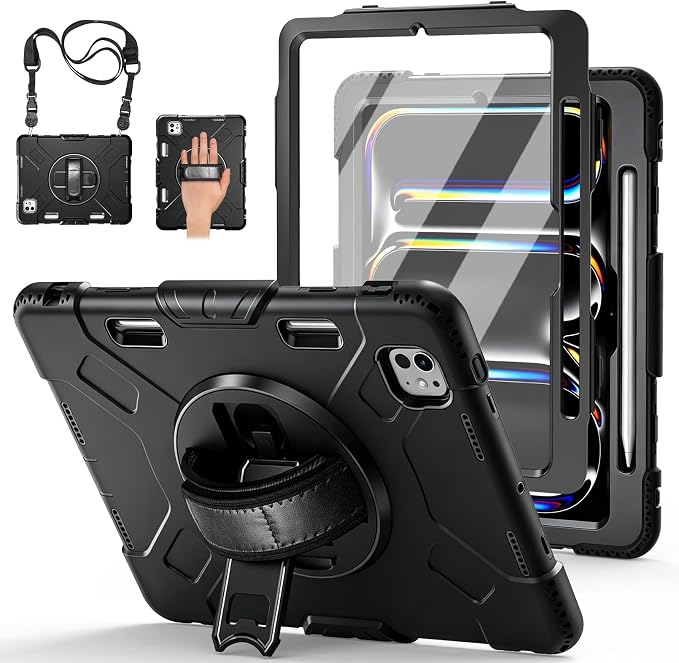 Case for iPad 9th/8th/7th Generation 10.2 Inch Black | Shockproof Protective Silicone Cover with Rotatable Stand-Screen Protector-Handle- Shoulder strap- Pencil holder