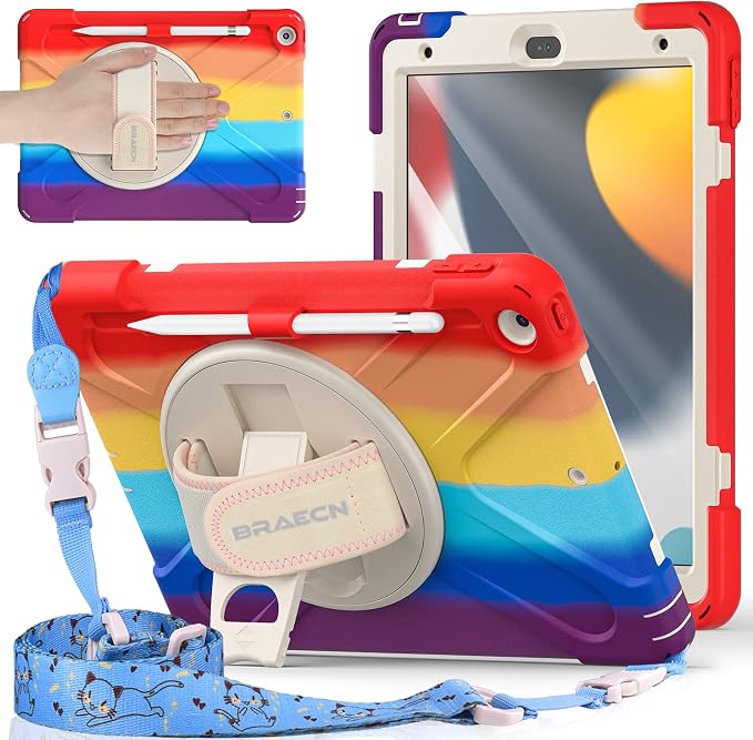 BRAECNstock Shockproof Case for iPad 9th/8th/7th Gen 10.2 Blue | All-in-1 Case Hand Strap &amp Stand Shoulder Straps Pencil Holder Screen Protector – For Office Commute &amp Presentation