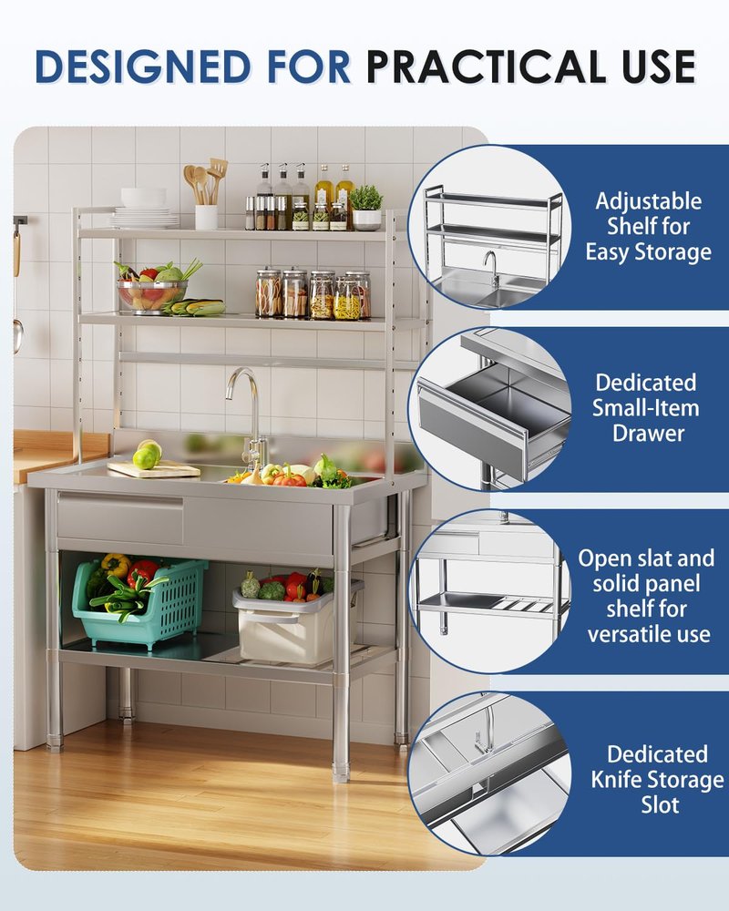 JFHID Stainless Steel Utility Sink with Shelves, Free Standing Single Bowl Commercial Kitchen Sinks with Drawer & Water Pipes, Stainless Steel Prep Table Countertop Workbench for Home Restaurant