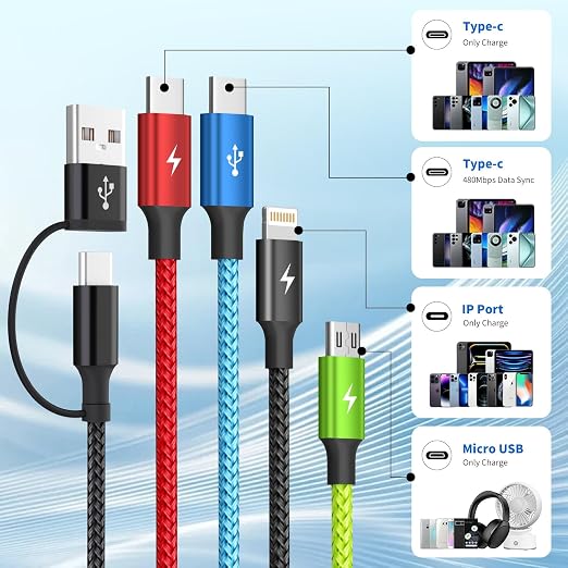 4 in 1 Multi Charging Cable 2 Pack 6FT Charging Cords for Devices | Nylon Braided USB C Car Charger Cable with Dual USB-C IP &amp Micro Ports Long Travel Charging Cord for Cars