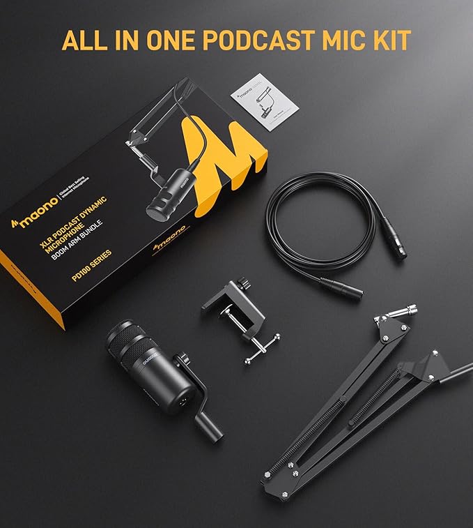 MAONO XLR Podcast Dynamic Microphone, Cardioid Studio Mic with Boom Arm for Vocal Recording,Streaming,Gaming, Voice Isolation Technology, Metal Mic, Works for Audio Interface, Mixer-PD100S