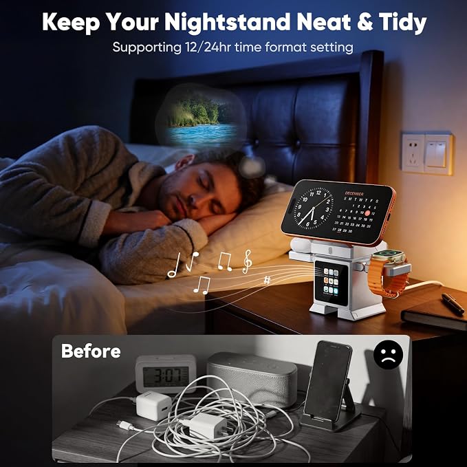 Robot 7-in-1 Magnetic Wireless Charging Station with Qi2 25W Fast Charging | Multifunctional Rotating Charger for Apple Multiple Devices LCD Display Bluetooth Speaker Alarm Clock 45W Adapter Sliv