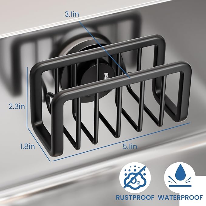 TAILI Sponge Holder for Kitchen Sink with Strong Suction Cup, Removable Sponge Holder, Rustproof Aluminum Sink Caddy for Sponges, Dish Brush - Black