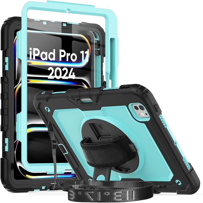 iPad Pro 11 Inch Case 2024 with Screen Protector Pen Holder | iPad Pro 11 5th Generation Case | Three Layer Shockproof Defender Protective Cover W/Stand Hand Strap for iPad A2836/A2837 | Black