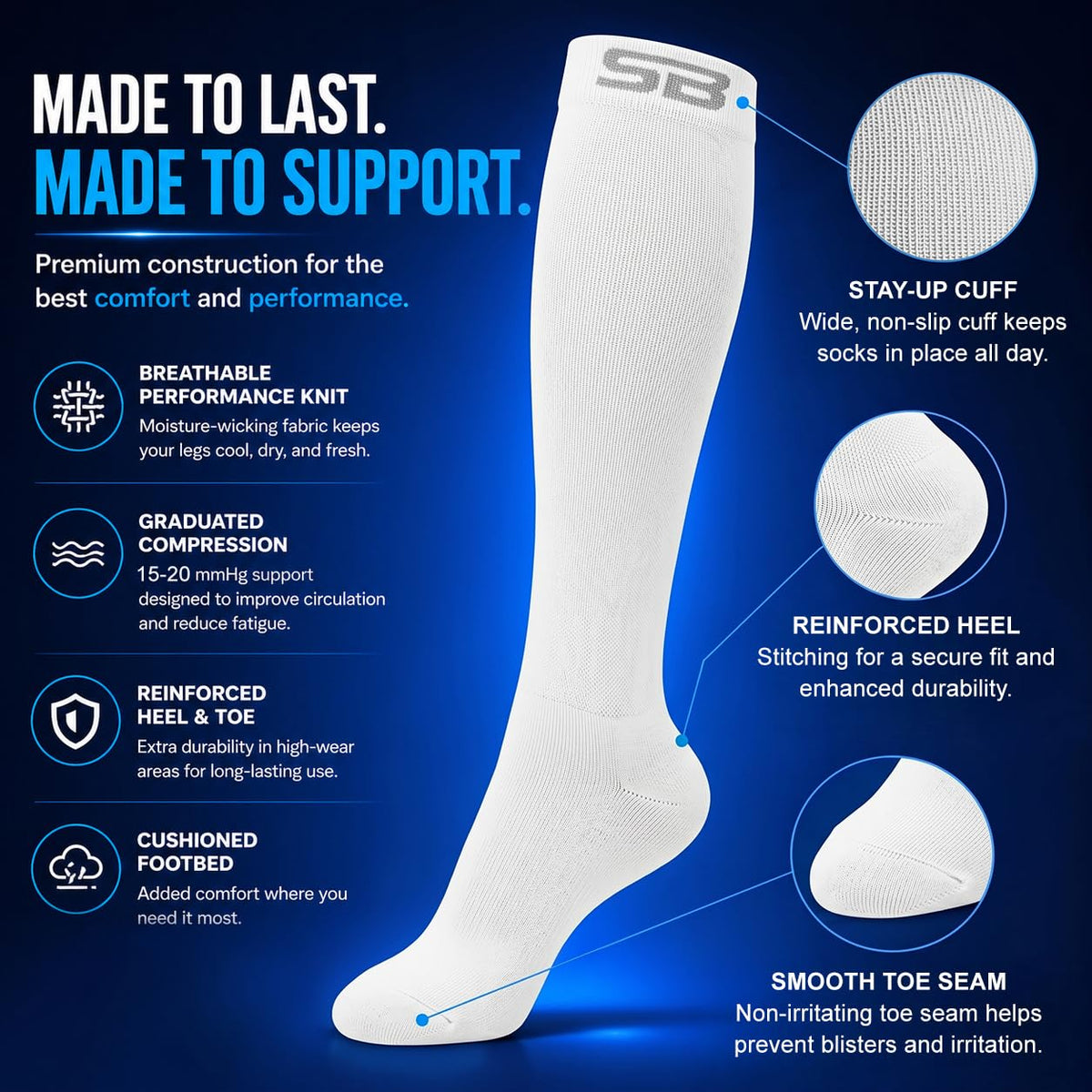 SB SOX 3-Pair Compression Socks for Men & Women (15-20mmHg) – Best Compression Socks for Flying, Medical, Sports, Wide Calf Fit, Skiing, and Daily Wear (XXL, 04 – Solid White)