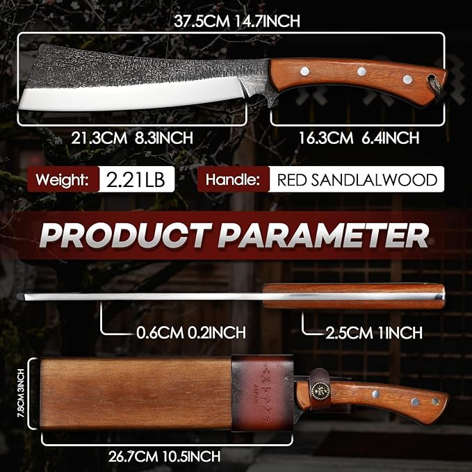 Freelander Japanese Style High Carbon Steel Machete with Red Sandalwood Ergonomic Full Tang Handle and Wood-Leather Sheath, for Camping, Hiking, Yard Work, and Survival,Christmas Gifts for Men Women