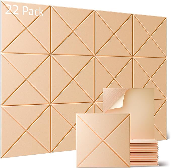 Sonicism 22 Pack X-Lined Acoustic Panels with Self-Adhesive, 12"X 12"X 0.4" Sound Proof Foam Panels, Decorative Soundproof Wall Panels, Sound Absorbing Tile for Home & Offices, Pale Apricot