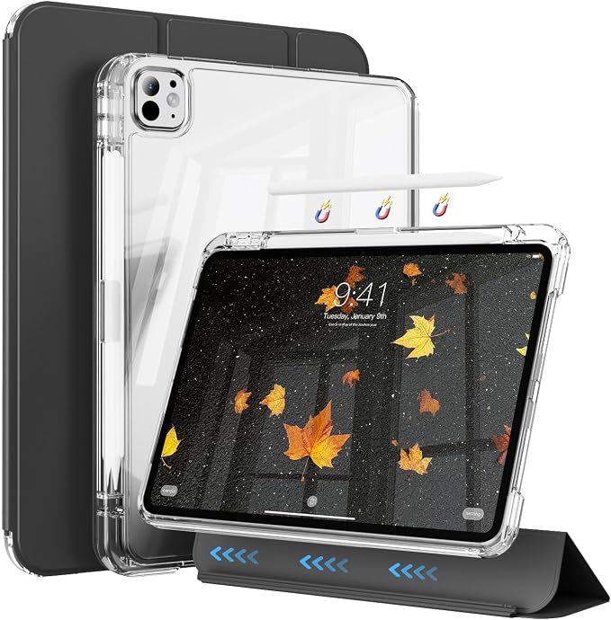 Hybrid Case for iPad Pro 11 Inch 4th/3rd/2nd Generation (2022/2021/2020) with Pencil Holder 2 in 1 Detachable Cover with Clear Transparent Back Shell Support 2nd Gen Pencil Charging Black