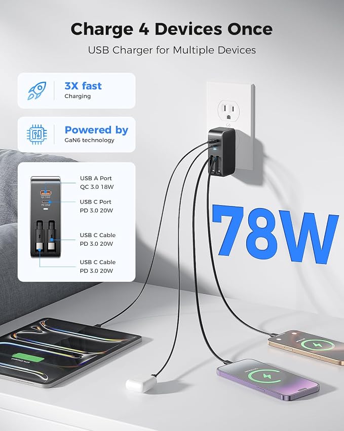 SUPERONE 4 in 1 Retractable Wall Charger with Dual USB C Cables 78W Fast Charging iPhone 17 Retractable USB C Charger with Dual Ports for iPhone 17 Pro Max/16/15/14/13/12 Pad Galaxy Pixel