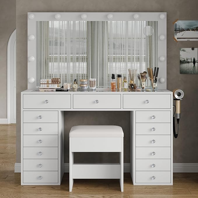 15 Drawers Makeup Vanity with Charging Station, Vanity Desk with 12 LED Bulbs and HD Mirror, 3 Color Brightness Adjustable, Vanity Set for Bedroom, White