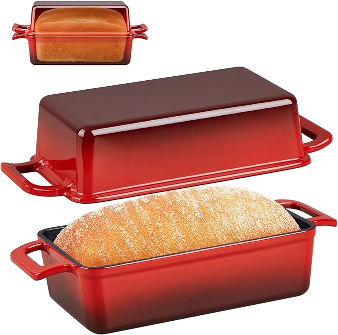 P&P CHEF 2-In-1 9 x 5 Inch Cast Iron Loaf Pan with Lid, Red