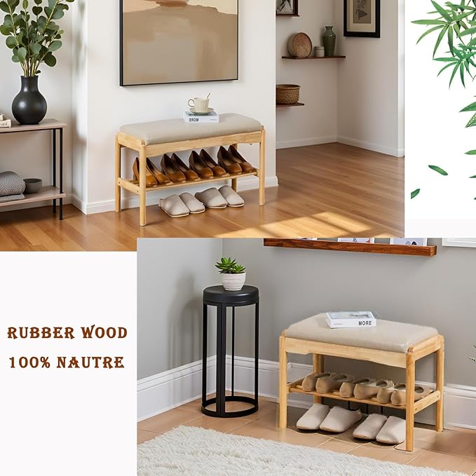 latifolia Small Shoe Bench, Solid Wood Bench with Cushion, 2 Tier Shoe Storage Organizer for Entryway(Nature,31.50''L)