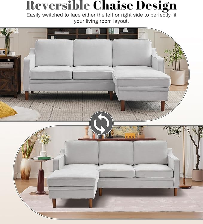 Kingfun 88" L-Shape Sofa, Chenille Sectional Couch, Mid Century Modern Couches with Solid Wood Frame for Living Room & Bedroom, Beige