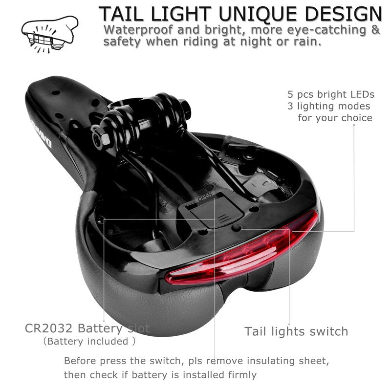 Comfortable Men Women Bike Seat - DAWAY C66 Foam Padded Leather Road Mountain Bicycle Saddle Cushion with Taillight, Waterproof, Soft, Breathable, Fit MTB, Most Bikes, for Everyone