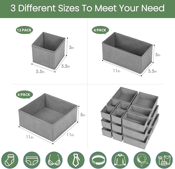 Criusia Drawer Organizer Clothes, 24 Pack Underwear Drawer Organizers, Foldable Closet Organizers and Storage Dresser Drawer Dividers Clothing Organizer for Clothes, Socks, Scarves, Bra, Ties (Grey)
