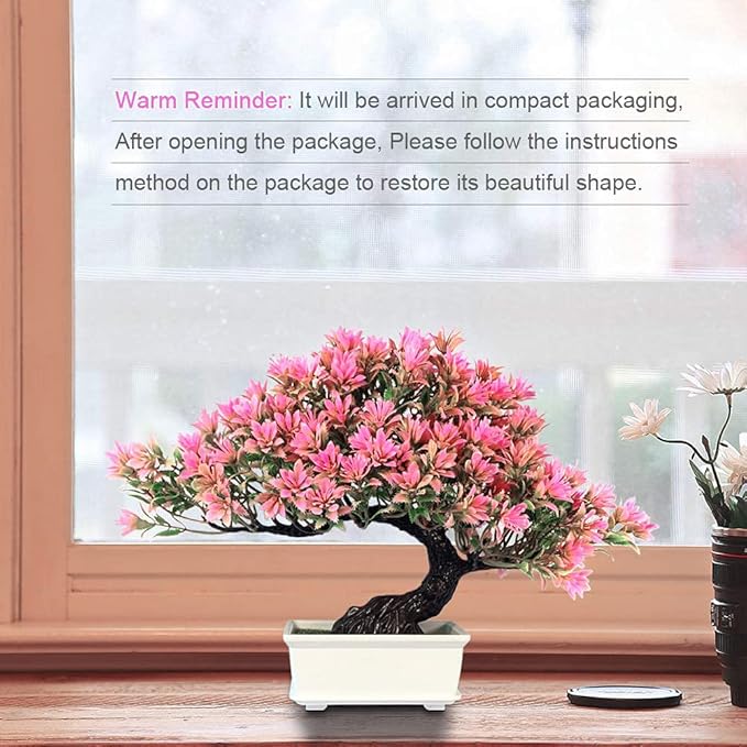 Artificial Bonsai Tree - Fake Plants for Home Decor, Bookshelf Coffee Table Office Desk Bathroom Farmhouse Indoor Decor, 9.5" Tall, Pink