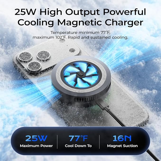 Qi2.2 Wireless Charger【25W Fast Charging+Cooling Fan】 Magnetic Charger Pad with 2 ModesLED Light Phone Holder Fast Charging Compatible with iphone17/16/15/14/13/12 Series (with 45W Adapter)