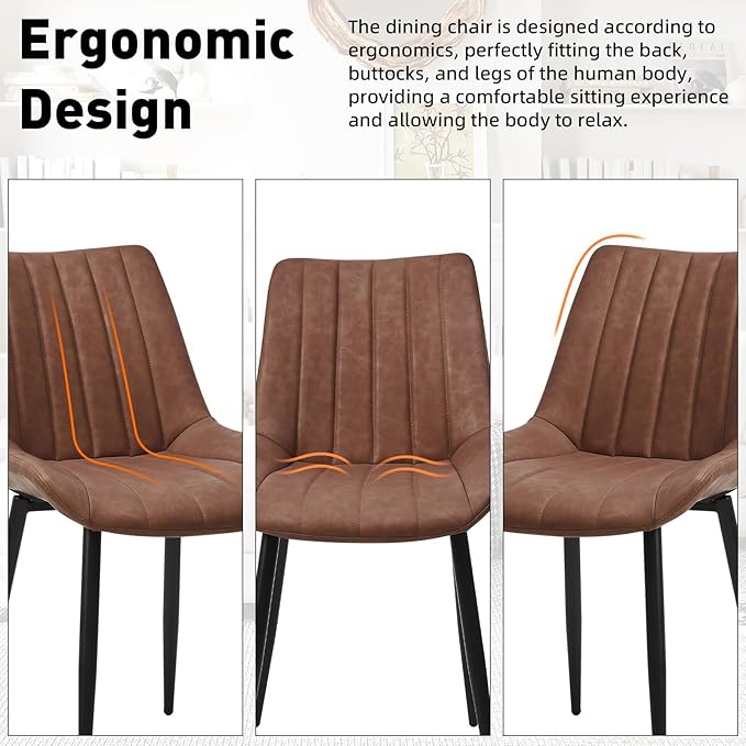 Dining Chairs Set of 2, Faux Leather Modern Linear Design Dining Chair with Metal Legs, 16.9" Seat Width Chair for Kitchen, Lounge, Reception Room, Restaurant, Commercial (Brown)