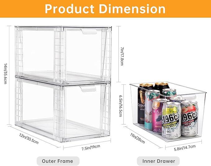 4Pack Large Stackable Kitchen Storage Drawers, Clear Foods Organizer Bins with Handles, Easily Assemble for Bathroom, Kitchen, Pantry, Cabinet, Closet(XL-UP Handle)