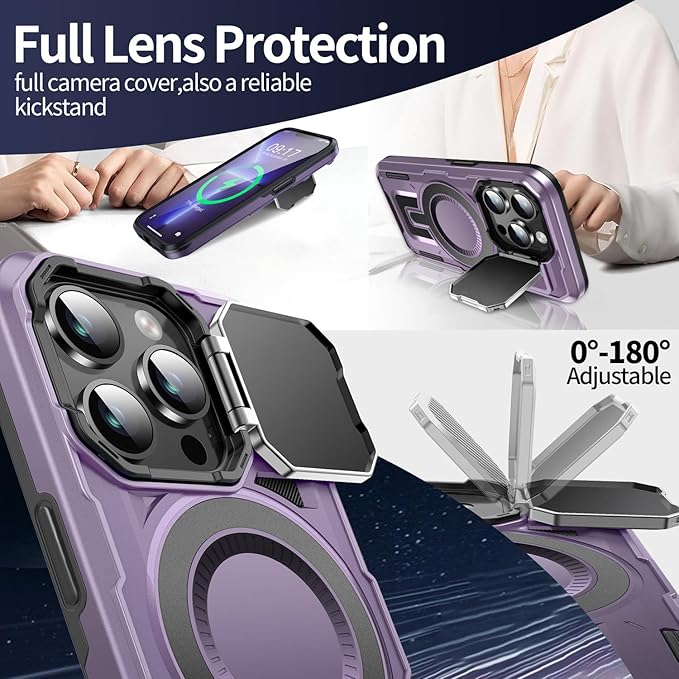 Camera Stand Case for iPhone 13 Pro Max, [Compatible with Mag Safe] [Lens Cover] 2024 Version Military Grade Protective Soft Case for iPhone 13 Pro Max 6.7 inch Men Women, Purple