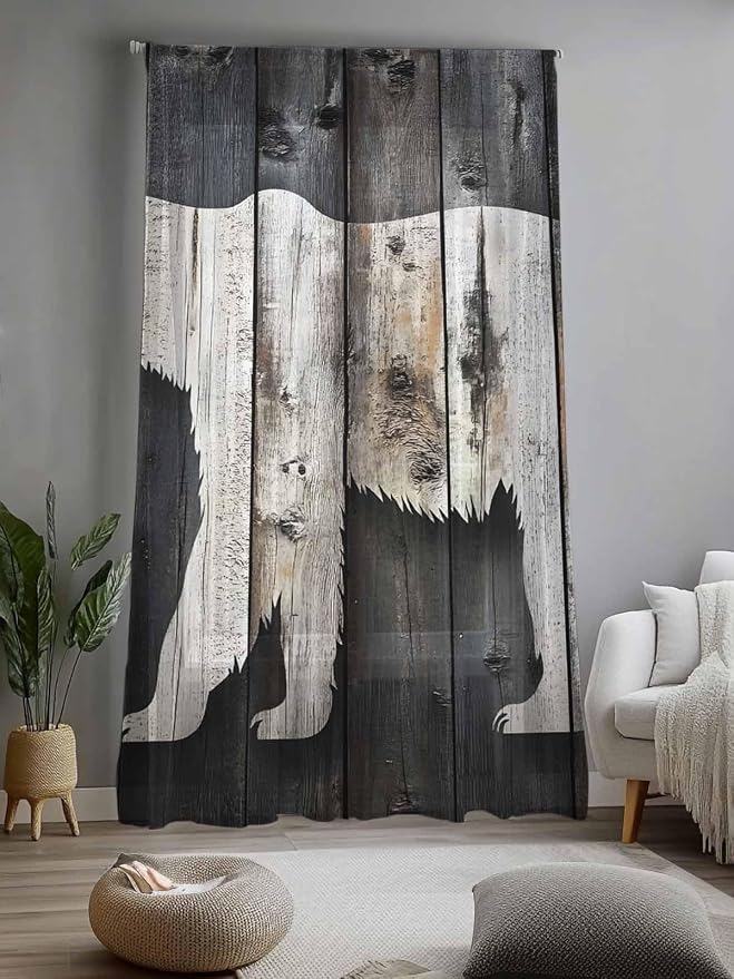 Sheer Curtains 96 Inches Long, Farmhouse Country Vintage Wood Grain Privacy
