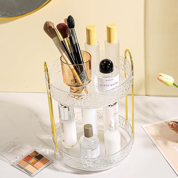 Fangoo 3 Tiers Clear Rotating Makeup Organizer for Vanity, 360 Spinning Skincare Organizers for Dresser Perfume Holder Large Skincare Make Up Storage Cosmetic Organizer for Bathroom Countertop