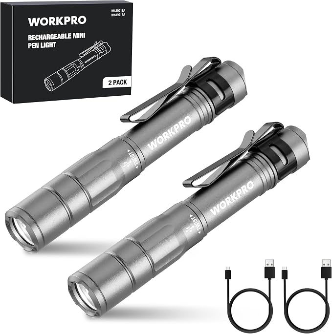 WORKPRO Rechargeable Pen Light 2 Pack Ultra-Compact EDC Flashlight Black | Mini Flashlight Pocket Flashlight with Clip Memory Function and 2 x USB C Cable Included