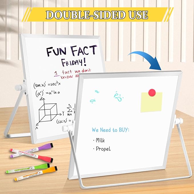Dry Erase Magnetic White Board, 10" x 10" Double-Sided Desktop Whiteboard with Stand, Portable Small Whiteboard Set for Drawing, Office, Home