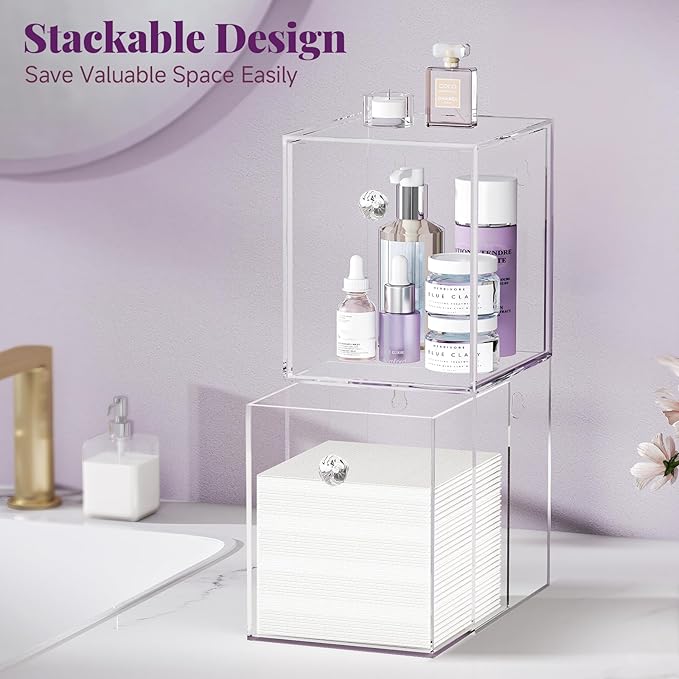 Delamu Disposable Facial Towels Storage Box - Stackable Acrylic Organizer Compatible with Clean Skin Club Towel XL, Bathroom Vanity, Dresser Holder, Dustproof Multipurpose for Makeup, Skincare, Clear