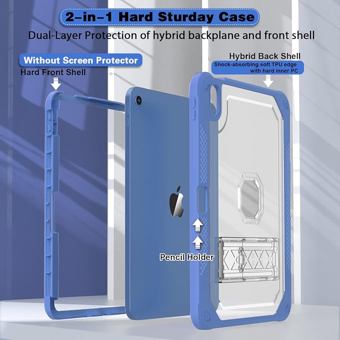 ZoneFoker Case for iPad 11-inch (A16) 2025 / iPad 10th Gen 10.9 inch 2022 Heavy Duty Shockproof Rugged Protective with Pencil Holder 11th / 10th Translucent Cover with Kickstand