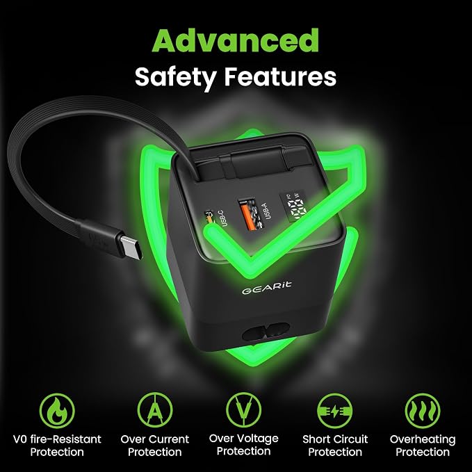 GEARit 65W GaN Charger Retractable USB C Cable + 2 Ports Digital Display | Retractable USB-C wall charger for iPhone Samsung Galaxy Watch earbuds. Foldable plug GaN fast charge wattage display