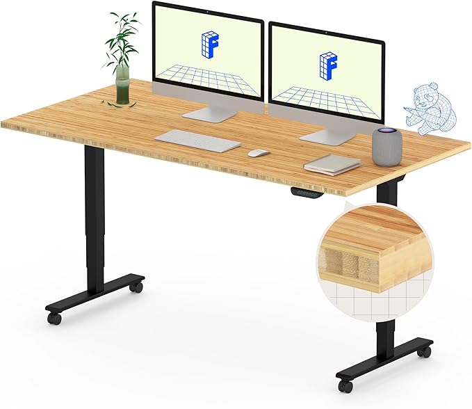 FLEXISPOT E6 MAX Bamboo Dual Motor 3 Stages Standing Desk 55x28 Inch Whole-Piece Board Electric Height Adjustable Stand Up Desk 150KG Load Capacity(Black Frame + Bamboo Desktop)