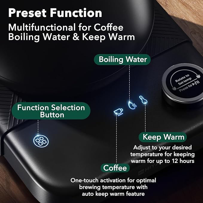 Gooseneck Electric Kettle HIYAKOI with ±1℉ Temperature Control, Pour Over Kettle for Coffee & Tea, 1200W Rapid Heating, Stainless Steel Water Boiler with 12H Keep Warm & Built-in Timer, 0.8L/27oz