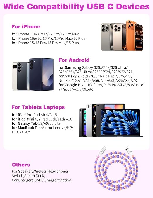Jelanry 3FT USB-A to USB-C Fast Charging Cable Beaded &ampData Sync Women Girl | Cute kawaii beaded cable for iPhone 17/16/15 Samsung S26/S25/S24 Pixel iPad Fast charge for daily use office &amp tra