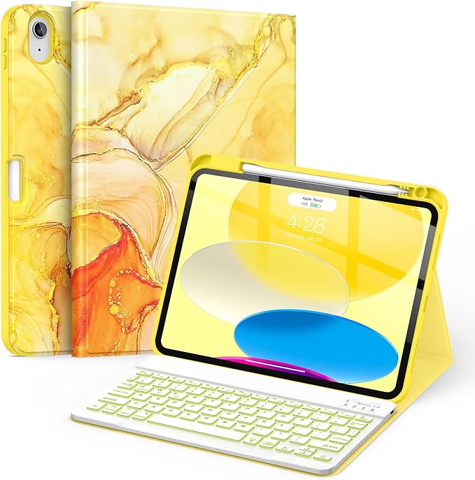 Soke for iPad (A16) 11th/10th Gen Case with Keyboard Black Marble | For iPad 11/10.9 inch(2025/2022) 7 Color Backlight Magnetic wireless Detachable Keyboard Case Built-in Pencil Holder
