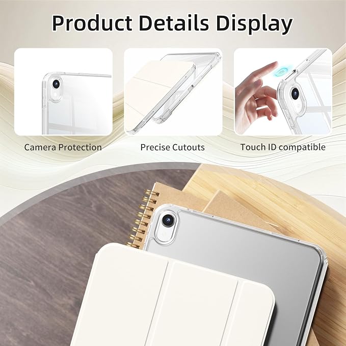 Detachable Case for iPad A16 11th Gen 11/10th Gen 10.9 Black | Slim Transparent Shell Back Soft Shockproof TPU Frame Without Pencil Holder Auto Sleep/Wake