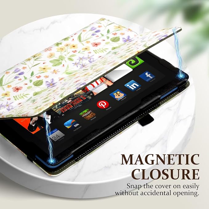 Fancity Case for Kindle Fire HD 10/10 Plus 13th/11th Generation 2023/2021 | Premium PU Leather Protective Case with Adjustable Angles Auto Wake/Sleep Hand Strap for Fire HD 10/10 Plus Black Floral