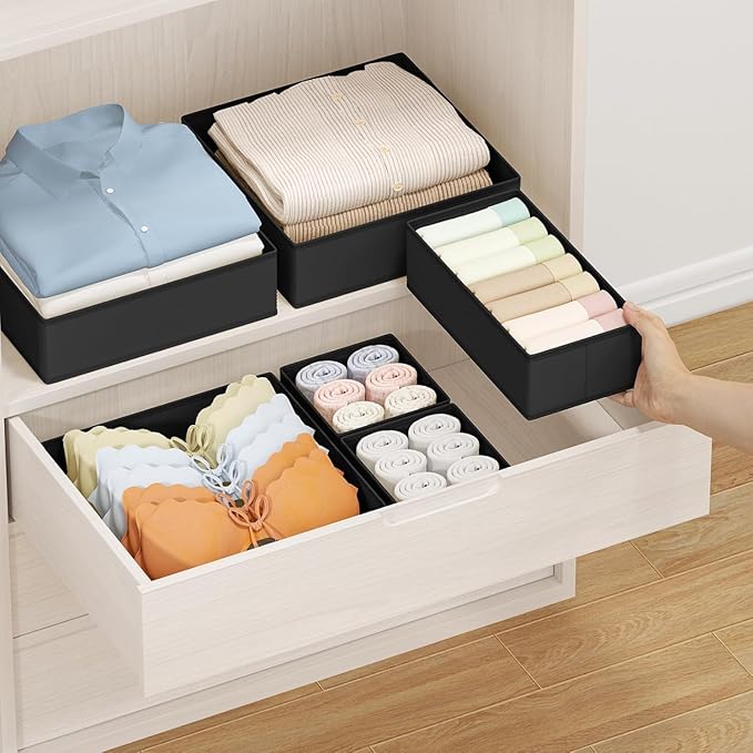 DIMJ Drawer Organizer Clothes 14 Pack - Foldable Baby Organizers and Storage & Dresser Organizer for Bedroom, Closet - Nursery Organization Dresser Dividers for underwear, Sock,Bra, Belt, Tie, Black
