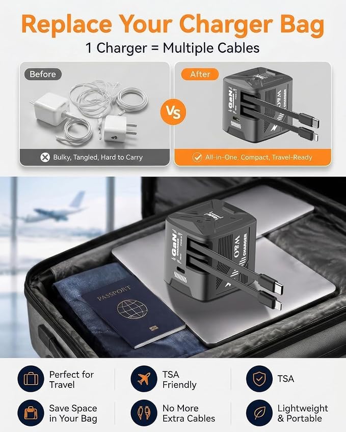 W &amp O 60W GaN Fast Charger Wall Plug Built-in Retractable USB-C &amp L Cables | Retractable Wall Charger with 47.2 Cables One Pull Charging No Cable Mess Solution for iPhone 17/16/15 Galaxy