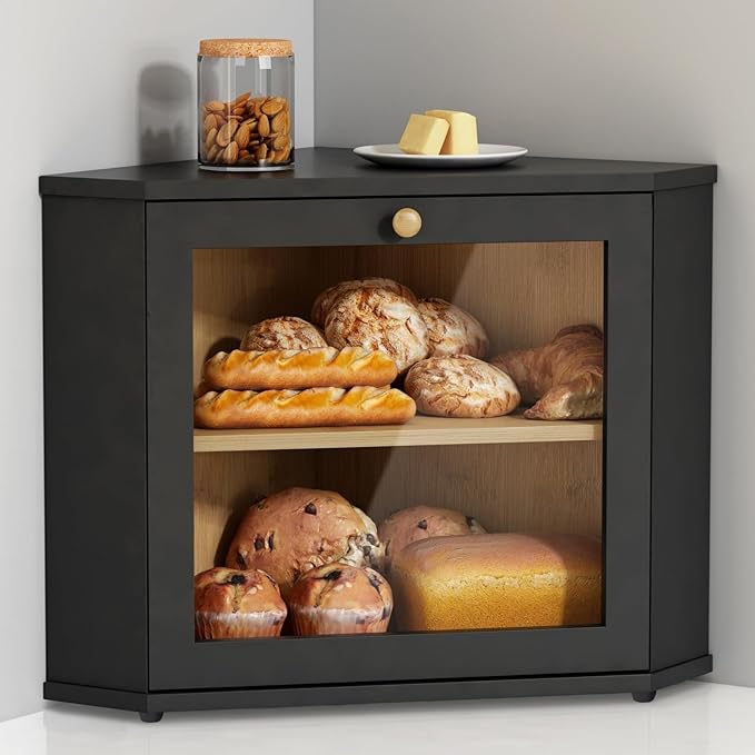 Goozii Corner Bread Box for Kitchen Countertop, Black Bread Storage Container for Homemade Bread, Two Layer Breadbox under Cabinet Mount, Large Bread Holder for Kitchen Counter, Pantry Shelf