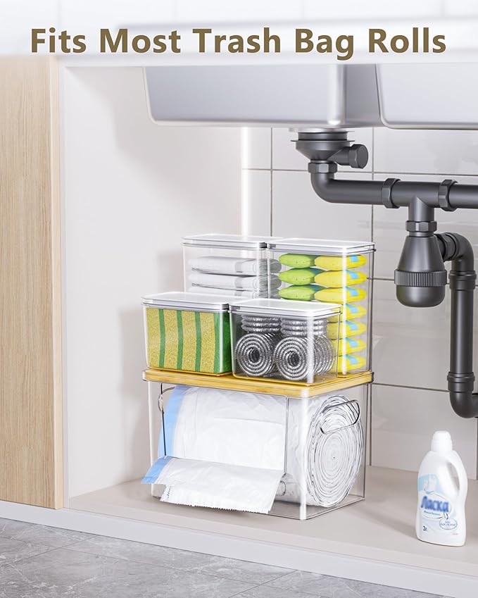 Trash Bag Dispenser Dishwasher Pods Container, 5 in 1 Garbage Bags Holder Under Sink Organizer Acrylic Laundry Pod Detergent Powder Container, Kitchen Pantry Laundry Room Organization Storage