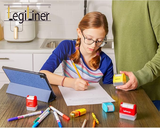 LEGILINER 1/2" Double Stack Dashed Handwriting Line (Yellow) Teacher Stamp – Two Tri-Line Dashed Patterns. Classroom & Home Use. Refillable Ink Writing Practice Double Line Roller Stamp.
