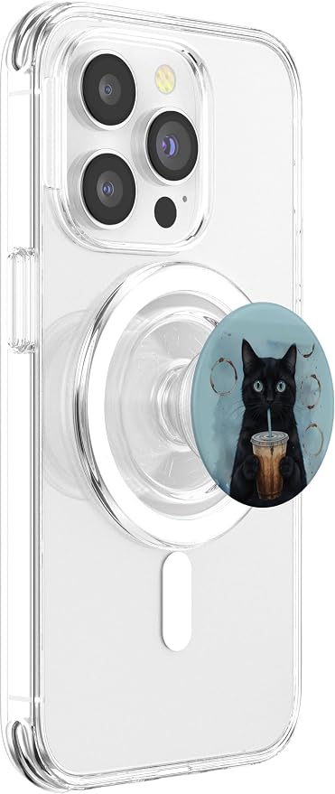 Blue Black Cat Coffee Lover Illustration Print PopSockets PopWallet for MagSafe
