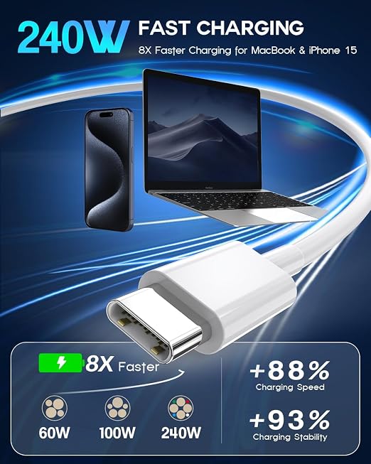 USB C to USB C 240W USB C Cable 2-Pack 10ft C to C Cable Fast Charging for MacBook Pro/MacBook Air iPad Pro/iPad Air iPhone 16 15 Pro Max Plus Samsung GalaxyCompatible 140W/100W/65W/45W/35W/20W