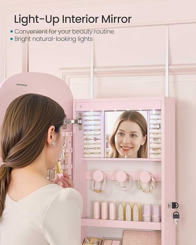 SONGMICS Jewelry Organizer, LED Jewelry Cabinet Wall/Door Mounted, Lockable Rounded Wide Mirror with Storage, Interior Mirror, 3.9 x 16.5 x 42.5 Inches, Jelly Pink Surface with Cream White Lining