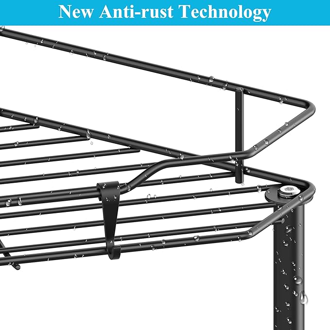 2 Tier Floor Standing Corner Shower Caddy Organizer Shelf with Hooks, Bathroom Shelves Stand Rack, Black