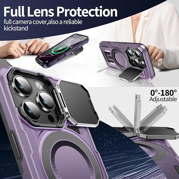 Camera Stand Case for iPhone 16 Pro, [Compatible with Mag Safe] [Lens Cover] 2024 Version Military Grade Protective Soft Case for iPhone 16 Pro 6.3 inch Men Women, Purple