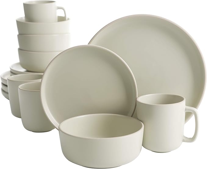 Gibson Home Zuma 16 Piece Round Kitchen Dinnerware Set, Dishes, Plates, Bowls, Mugs, Service for 4, Matte Stoneware, Grey, Gray