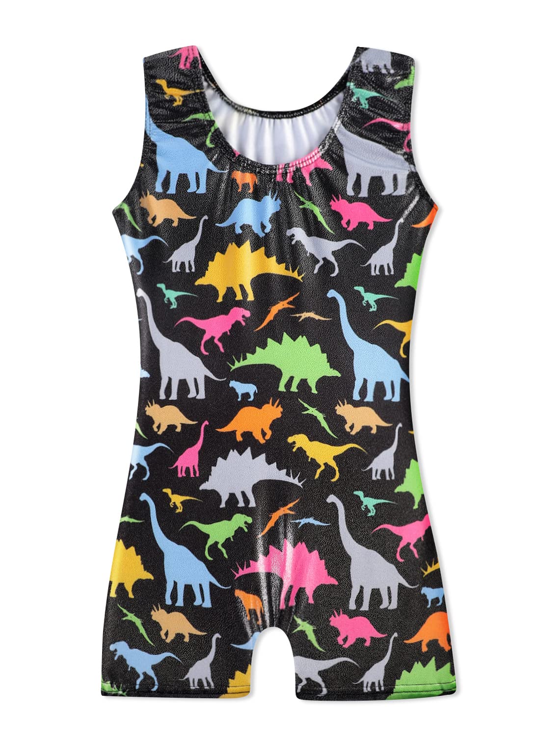 HOZIY Black Dinosaur Leotard with Shorts (5/6 Years) for Girls, Gymnastics, Dancewear, Sparkle, Stretchy, Wash