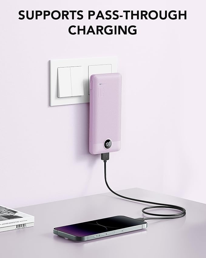 VRURC Portable Charger Power Bank Built-in Cables and AC Wall Plug | USB C Portable Bank 10000mAhTravel Essentials Phone Charger Compact External Battery Pack for Smart PhonesTablets-Black